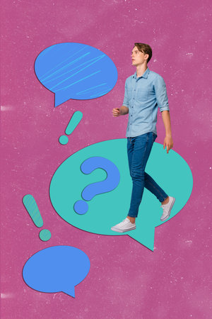 Creative pop collage of person walk stand mind cloud having marks on pink color backgroundの写真素材