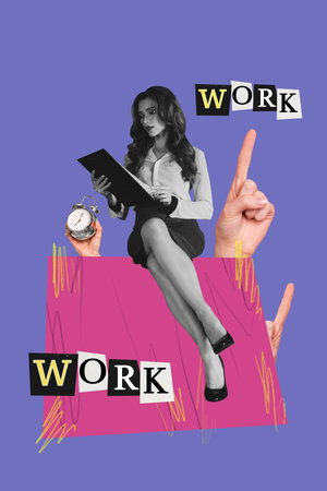 Pop trend collage of person sit read clipboard on purple background with pointing finger watchの写真素材