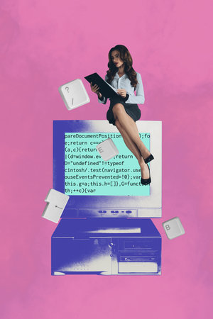 Collage of funny business person relax coffee retro computer keyboard keys text programming code in...