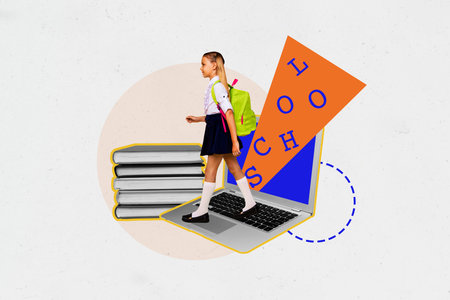 Composite artwork 3D photo collage template of young girl school age walk laptop e-learning...