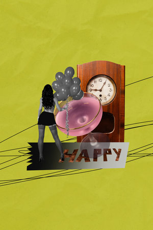 Collage composite trend artwork sketch of sexy woman stand hold air balloon time hapy birthday...