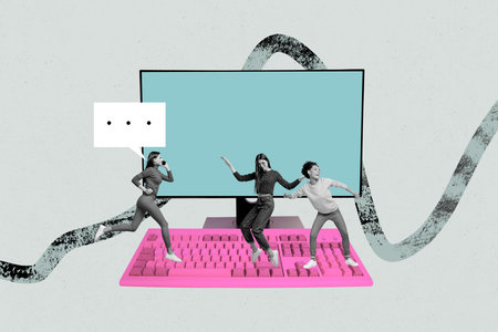 Trend artwork banner 3D photo collage of hacker developer technology coding internet computer monitor three lady dance keypad call phoneの写真素材
