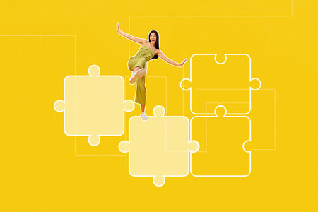 Composite creative art collage of happy businesswoman stand puzzle element jigsaw cutout sticker aim achievement match pieceの写真素材