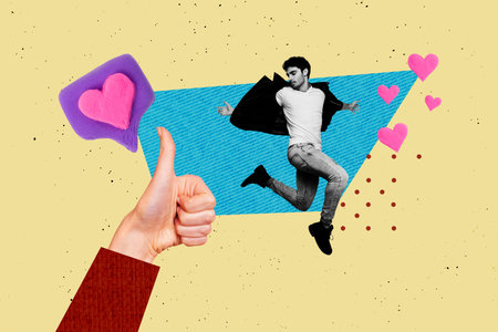 Image trendy art banner collage of happy man jump hand show thumb-up gesture like reaction social media influencer bloggingの写真素材