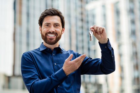 Confident young businessman holding keys in urban environment, showcasing success and achievement in professional lifeの写真素材