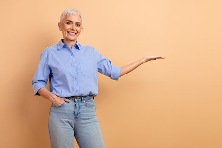 Confident mature woman in stylish clothing gesturing on beige background, conveying charm and...