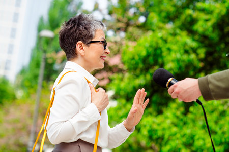 Mature businesswoman interviewed outdoors in urban setting wearing elegant formal shirt and carrying a bagの写真素材