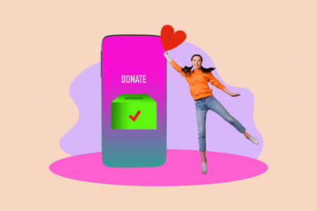 Collage of young woman man toward donation jar with hearts symbolizing charity blood donor day volunteer supportの写真素材