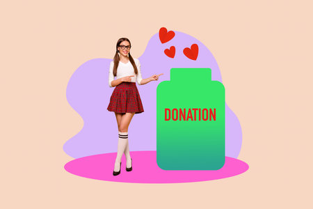 Collage of young woman man toward donation jar with hearts symbolizing charity blood donor day volunteer supportの写真素材