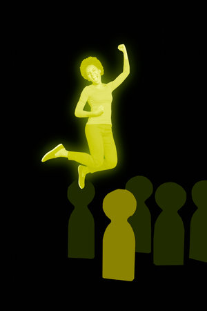 Vertical pop poster banner collage of happy businesswoman employee jump hiring silhouette wooden...