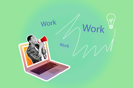 Poster image full 3d photo collage of happy freelancer businessman scream megaphone workload agitation peek laptop light bulbの写真素材