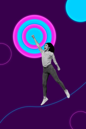 3d sketch poster banner collage of happy businesswoman fly target superwoman development aim...