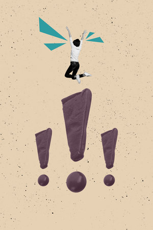 Vertical 3d poster art banner collage of anonym businesswoman jump exclamation mark warning symbol eureka idea finding importantの写真素材