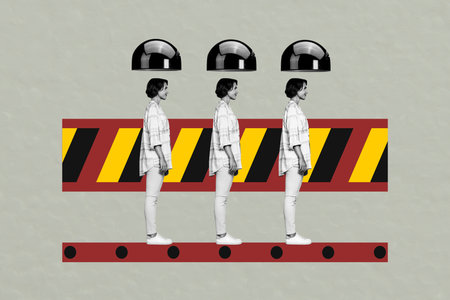 Image full pop trend collage of happy businesswoman stand video recording camera cctv guard safety crowd control companyの写真素材