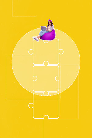 Image 3d poster art collage of happy businesswoman sit puzzled element jigsaw strategy match surf...