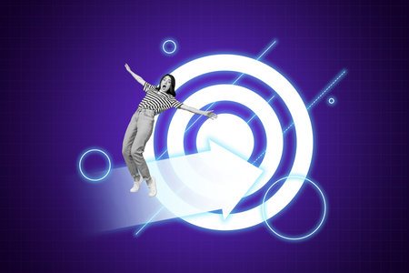 Exclusive image full photo collage of shocked businesswoman stand cyber arrow development icon aim...