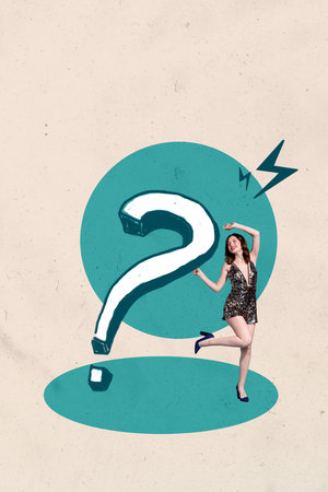 Collage of remote worker with laptop smartphone tablet surrounded by question marks light bulb symbolizing new business ideasの写真素材