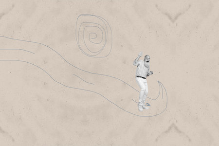 Collage of energetic person jumping with playful cartoon doodles in creative whimsical concept...