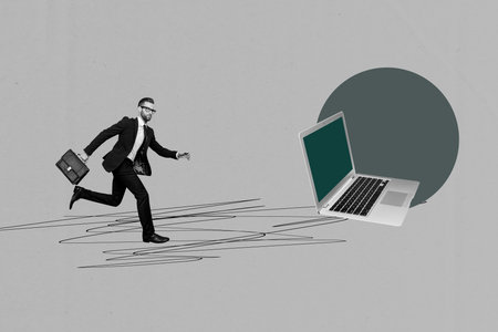 Trend collage of person follow run to gadget netbook on grey color background with circleの写真素材