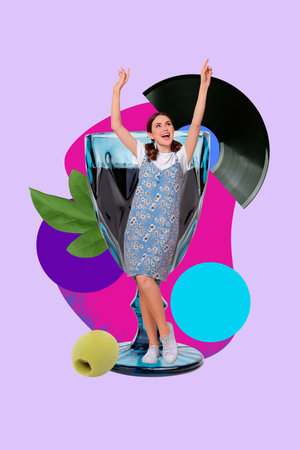 Collage of joyful person cocktail glass bright colors celebrating party alcohol drinks bartender friday weekend lifestyleの写真素材