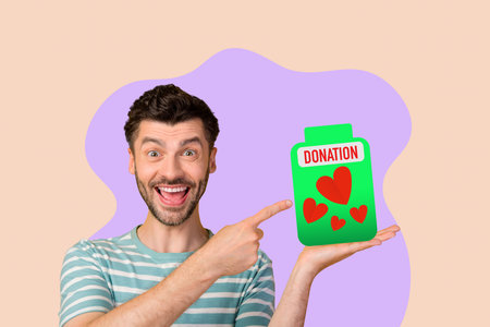 Collage of young woman man toward donation jar with hearts symbolizing charity blood donor day volunteer supportの写真素材
