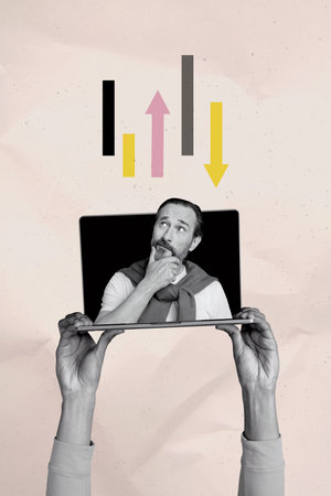 Trend artwork template 3D collage sketch of big size hand hold laptop display video call man portrait think minded trader arrow up downの写真素材