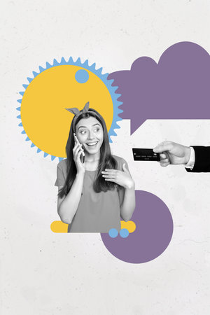 Exclusive image vertical photo collage of happy businessman businesswoman receive dollar capital usd earnings income profitの写真素材