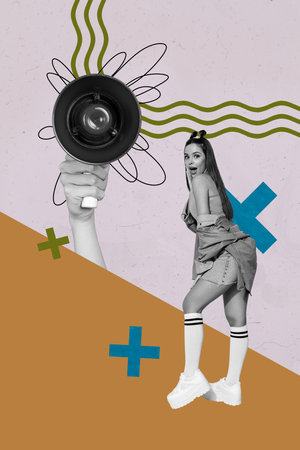 Pop image sketch 3d collage poster of happy girl stand hand hold megaphone strike agitation concept...