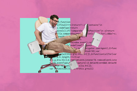 Collage of smiling young person with laptop surrounded by code keys text symbolizing freelancer writing creative professionの写真素材