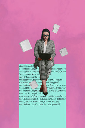 Collage of smiling young person with laptop surrounded by code keys text symbolizing freelancer writing creative professionの写真素材