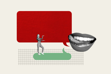 Trend banner sketch 3D photo collage of lips talk conversation talking bizarre young lady stand hand hold showing speech cloud messageの写真素材