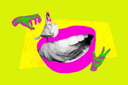 Composite 3D photo collage design sketch of young lady corset vintage aristocracy fashion dance mouth gossip talk conversation creativeの写真素材