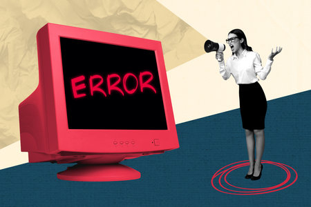 Trend composite sketch template 3D photo collage of office work obsolete computer monitor error problem young woman stand talk megaphoneの写真素材