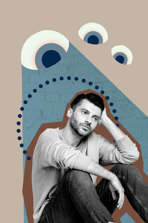 Collage of stressed person under large symbolic eye representing surveillance spying fear control...