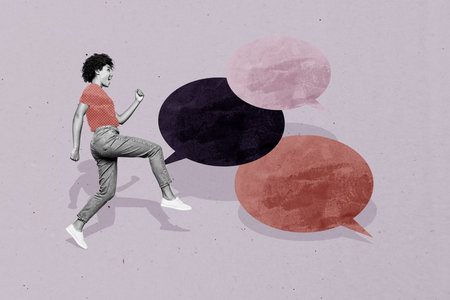 Collage of colorful speech bubbles symbolizing digital chatting modern communication internet...
