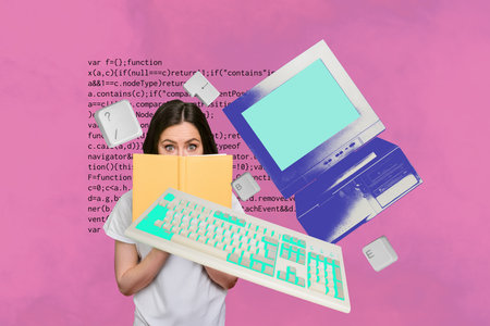 Collage of funny business person relax coffee retro computer keyboard keys text programming code in...