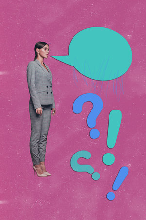 Poster graphics collage of person with question exclamation mark speak mind cloud on pink background