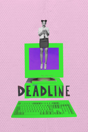 Collage of busy person with book laptop smartphone scissors tablet clock symbolizing deadline pressure in work and studyの写真素材