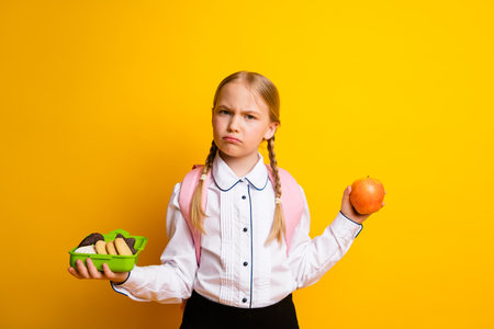 Portrait of a schoolgirl deciding between healthy apple and sweet cookies against a vibrant yellow backgroundの写真素材