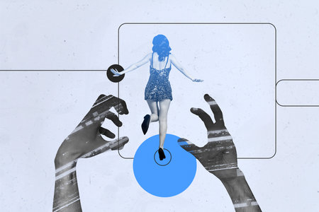 Sketch image trend artwork 3D collage of young woman sexy dress run back individuality difference executive unique hand gesture catch grabの写真素材