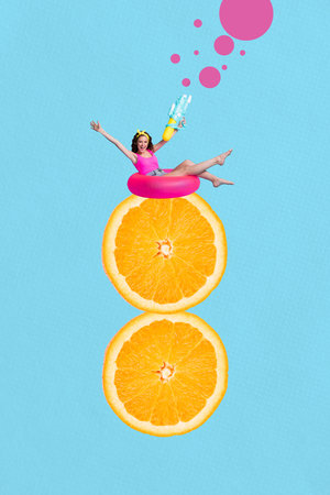 3D collage poster sketch of dieting hungry nutrition calories food slice orange citrus young lady swimwear sit float ring summer vacationの写真素材