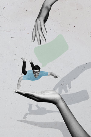 3d sketch image vertical collage of hand hold happy girl guy chatterbox speech notification correspondence mail talk dialogueの写真素材