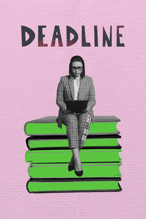 Collage of busy person with book laptop smartphone scissors tablet clock symbolizing deadline pressure in work and studyの写真素材