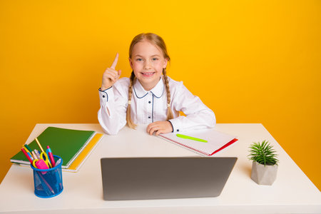 Young schoolgirl in white shirt with braids studying at desk with laptop and stationery against yellow backgroundの写真素材