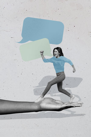 3d sketch image vertical collage of hand hold happy girl guy chatterbox speech notification correspondence mail talk dialogueの写真素材