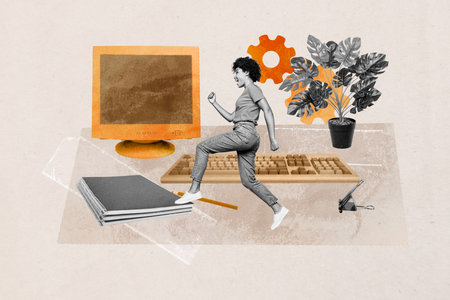 Art sketch image full 3d collage of happy businessman businesswoman stand computer keypad supplies office workplace gearwheelの写真素材