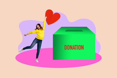 Collage of young woman man toward donation jar with hearts symbolizing charity blood donor day volunteer supportの写真素材
