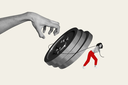 3D collage trend artwork composite poster of hand hold catch coin young woman walk push finance earnings currency market income budgetの写真素材