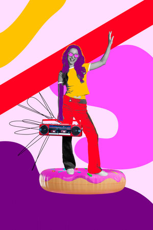 Image poster 3d zine vertical collage of happy girl hold boombox stand inflatable lifebuoy...