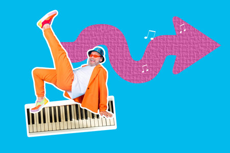 Creative full art image collage of happy old man dance piano keypad note music occasion chill arrow disco weekend pointerの写真素材